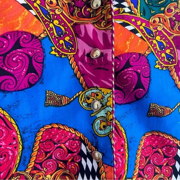 Georgiou Vintage 1980s Sz 4 Multicolor 100% Silk Vest Gold Buttons Adjustable - Picture 8 of 8